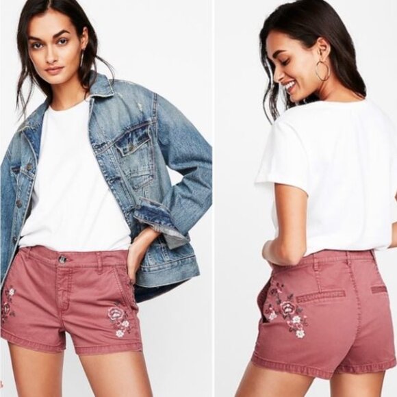 Express Embroidered Shortie Shorts Womens 2 Pink Chino Mid Rise Boho Casual L07X - Picture 1 of 7